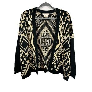Flying Tomato Open Front Cardigan Black Cream M/L Southwest Boho Aztec Print